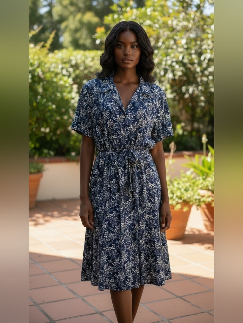 Vintage Leslie Fay Navy Floral Midi Dress Tie Waist Short Sleeve Plus Size 18